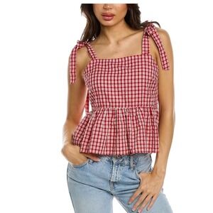 Madewell Red White Gingham Tie Strap Peplum Top Smocked Back XS
